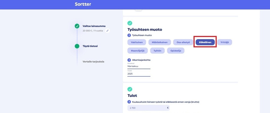 eläkeläisen lainahakemus