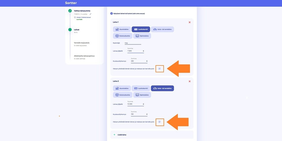lainojen yhdistäminen Sortterilla